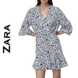 Zara White Black Gray Leopard V-Neck Ruffled Minidress 3/4 Sleeve Size Medium